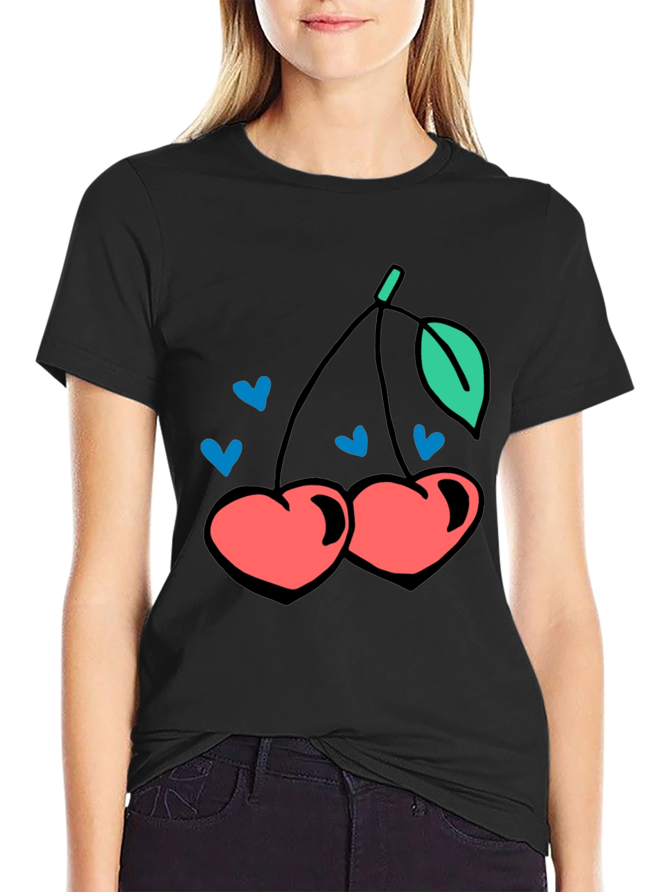 Cherry Hearts Graphic Black T-Shirt