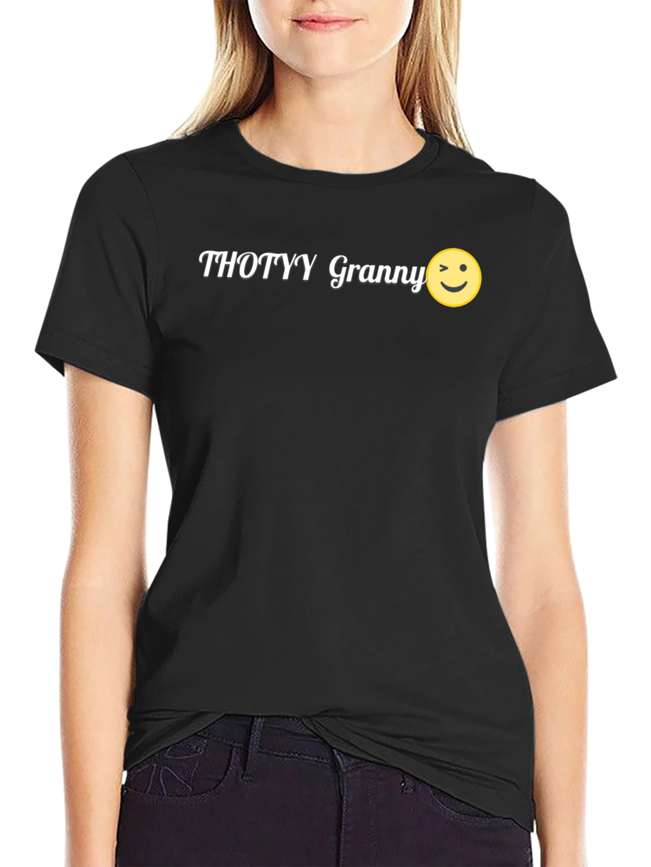 Thotyy Granny Wink Emoji Black T-Shirt