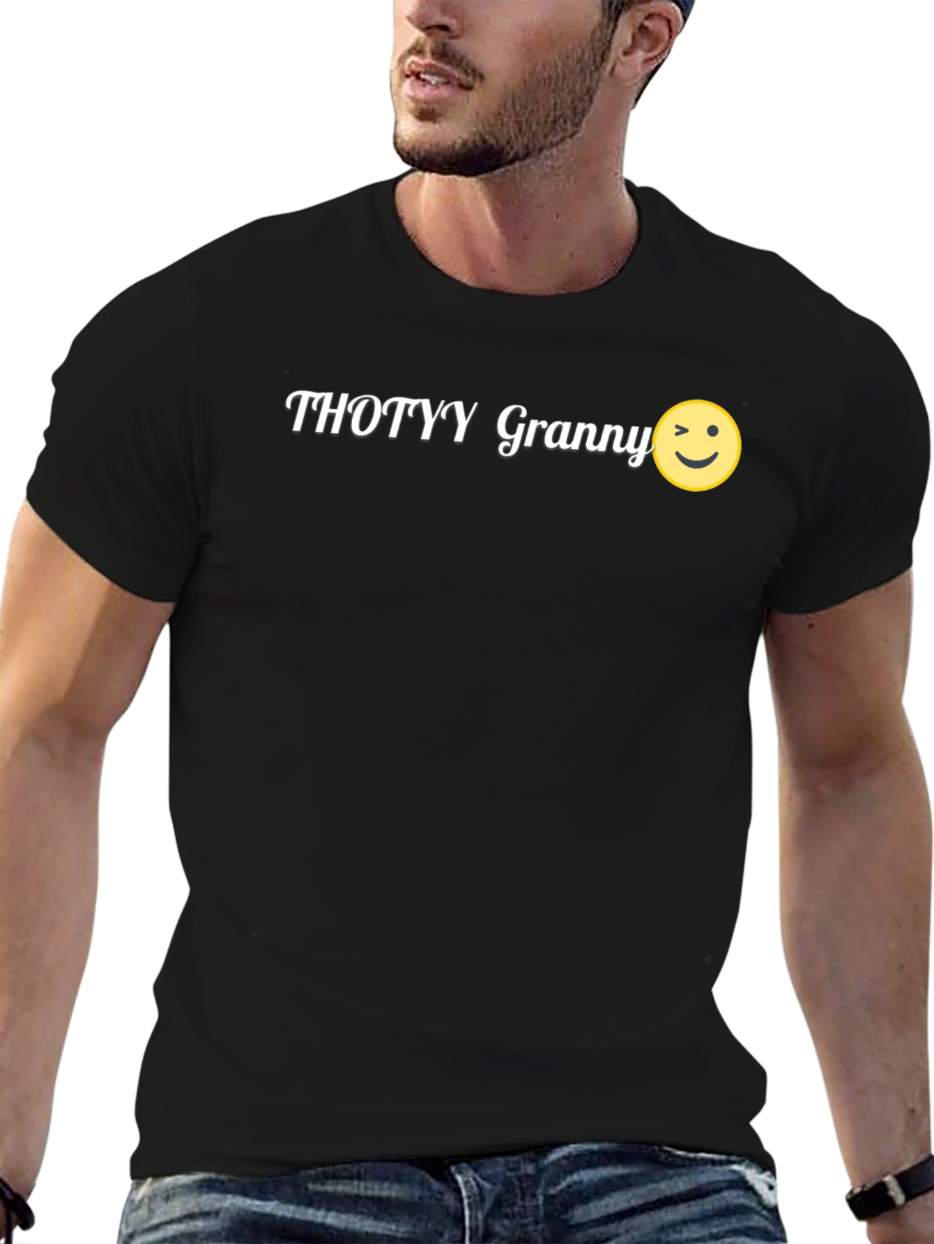 Thotyy Granny Wink Emoji Black T-Shirt