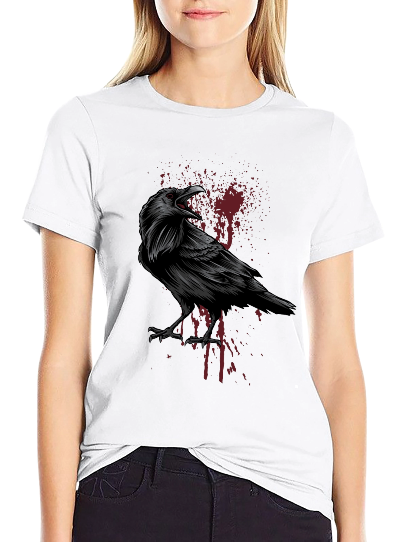 Raven Graphic Print Tee - Black Gothic Style