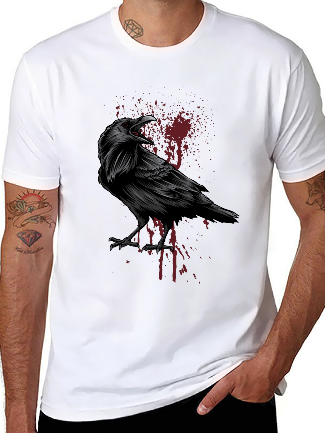 Raven Graphic Print Tee - Black Gothic Style