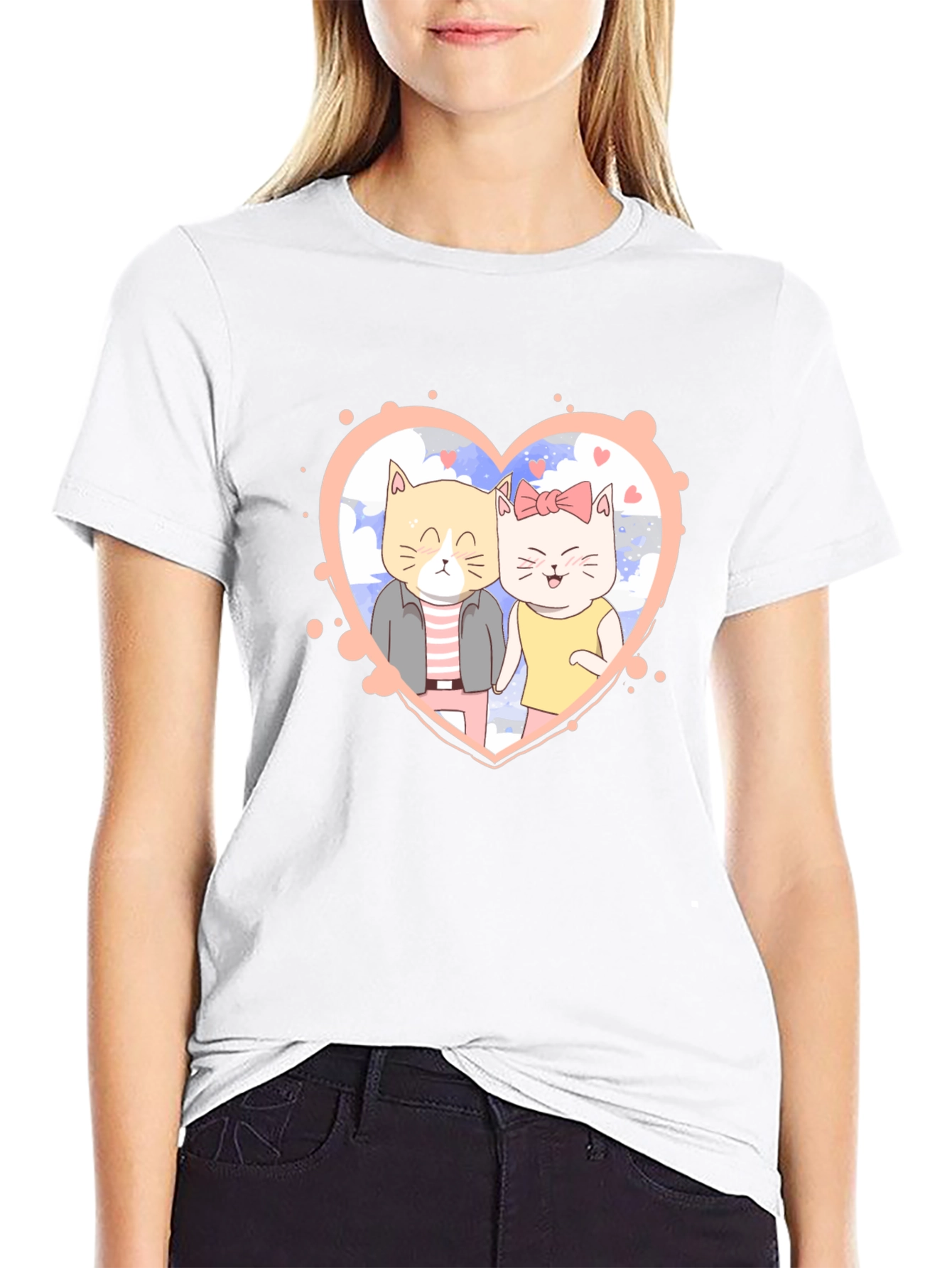 Cute Cartoon Cat Couple Black T-Shirt