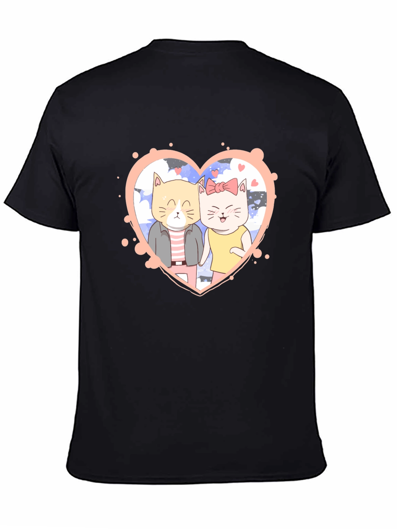 Cute Cartoon Cat Couple Black T-Shirt