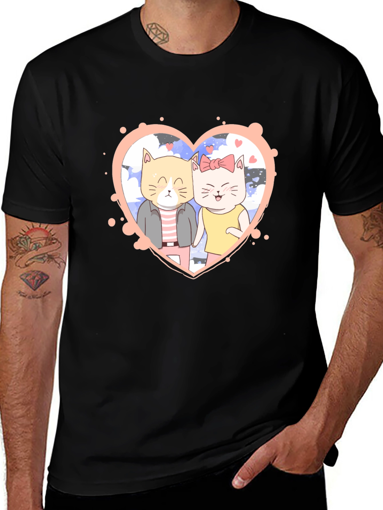 Cute Cartoon Cat Couple Black T-Shirt