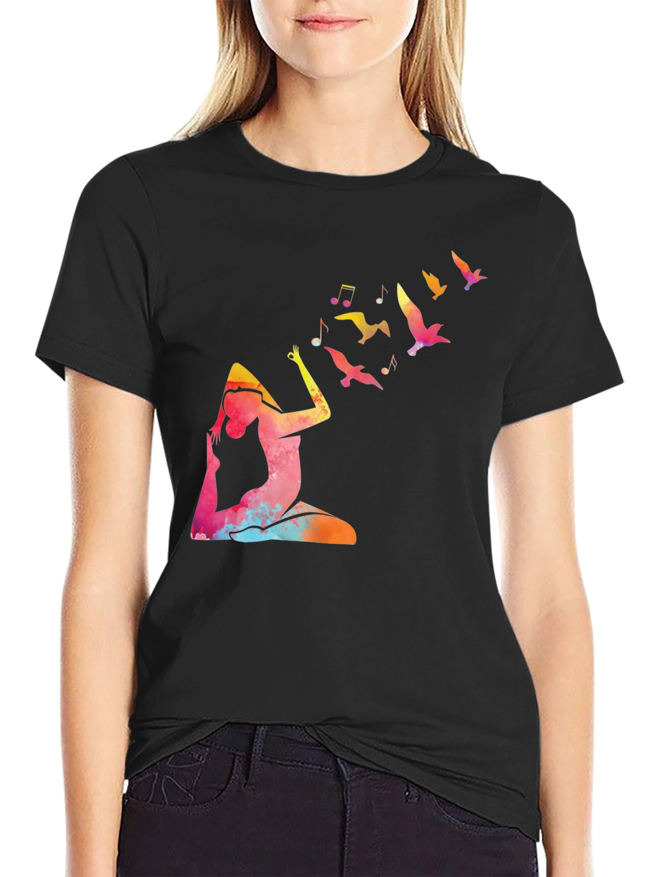 Yoga & Birds Graphic Black Tee
