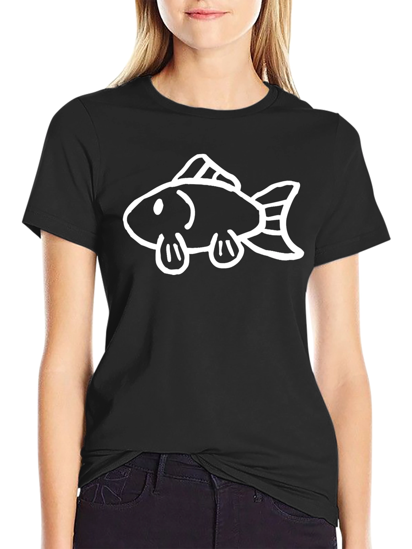 Mens Black T-Shirt with White Fish Graphic