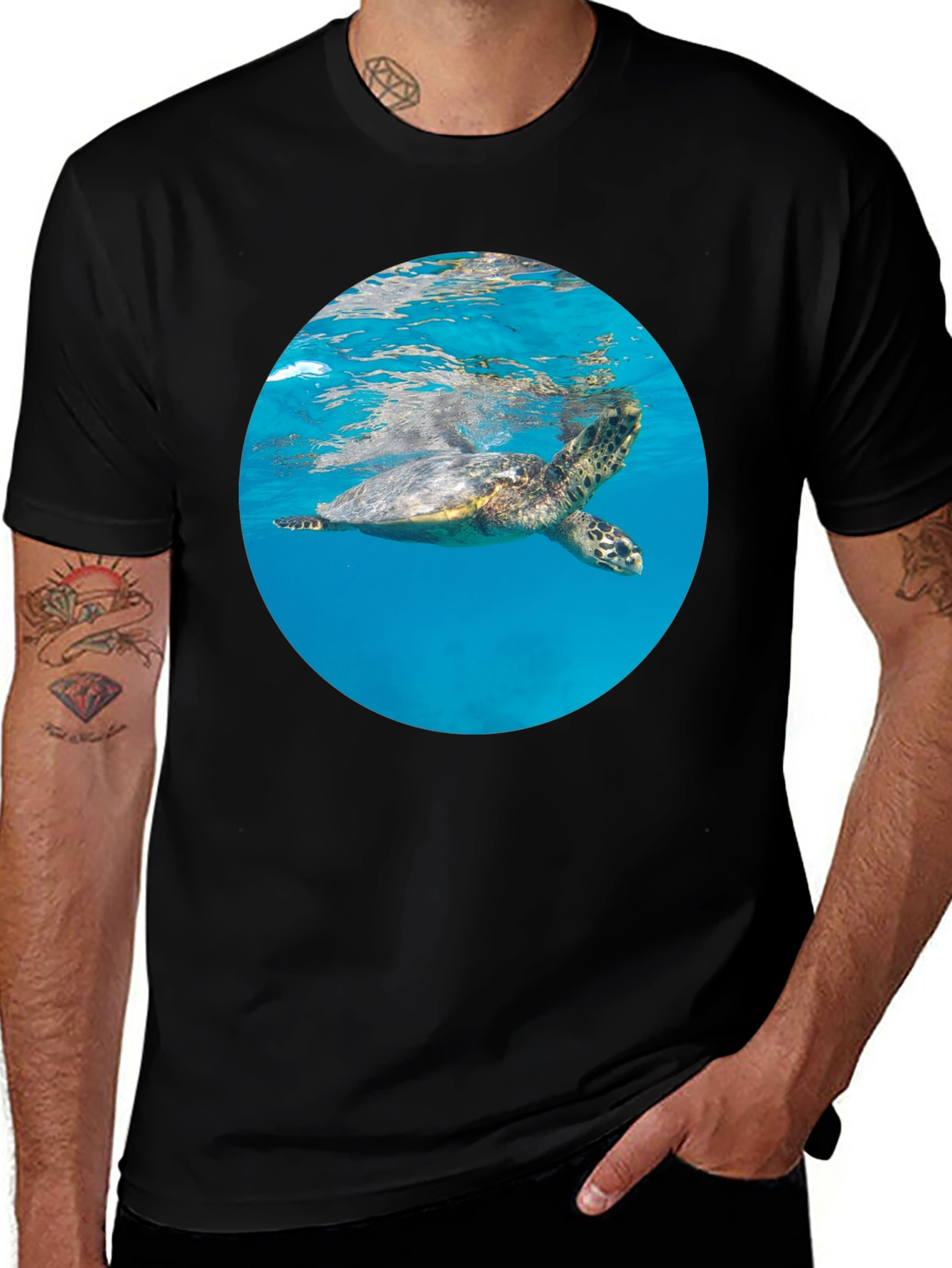 Sea Turtle Graphic Tee - Black Crew Neck