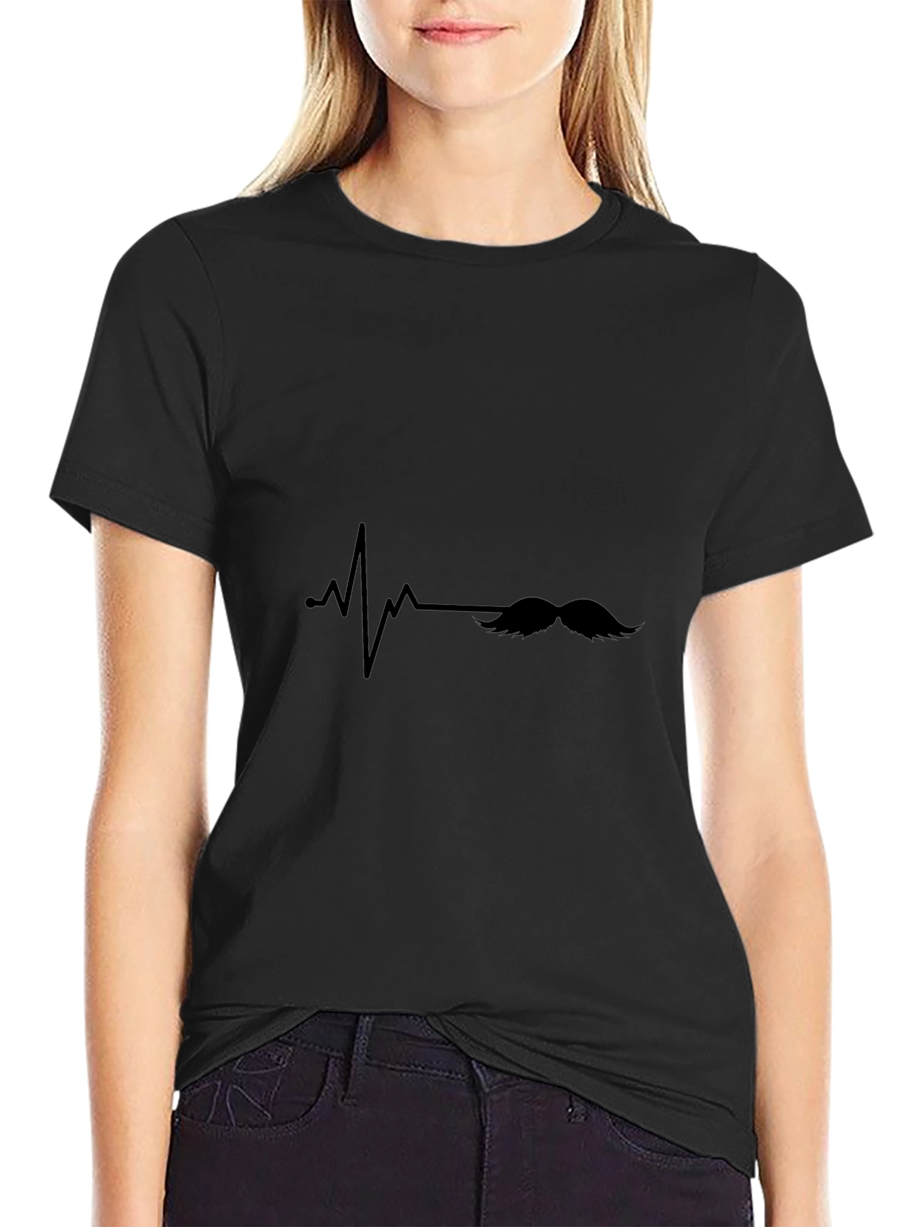 Mustache Heartbeat Graphic Tee - Black Casual T-Shirt