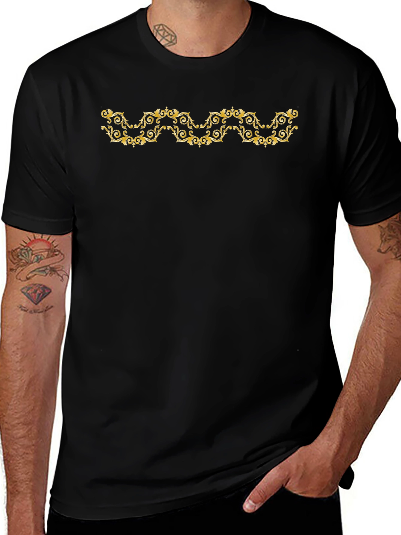 Elegant Gold Scroll Black T-Shirt