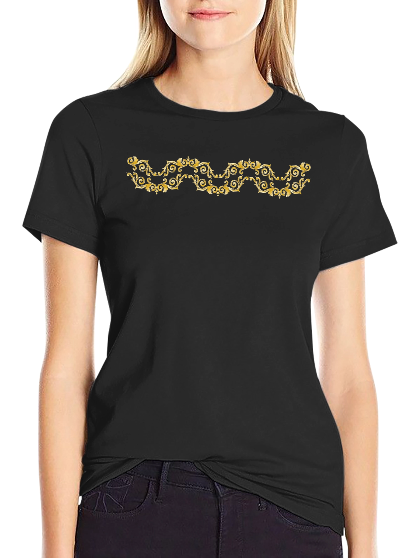 Elegant Gold Scroll Black T-Shirt