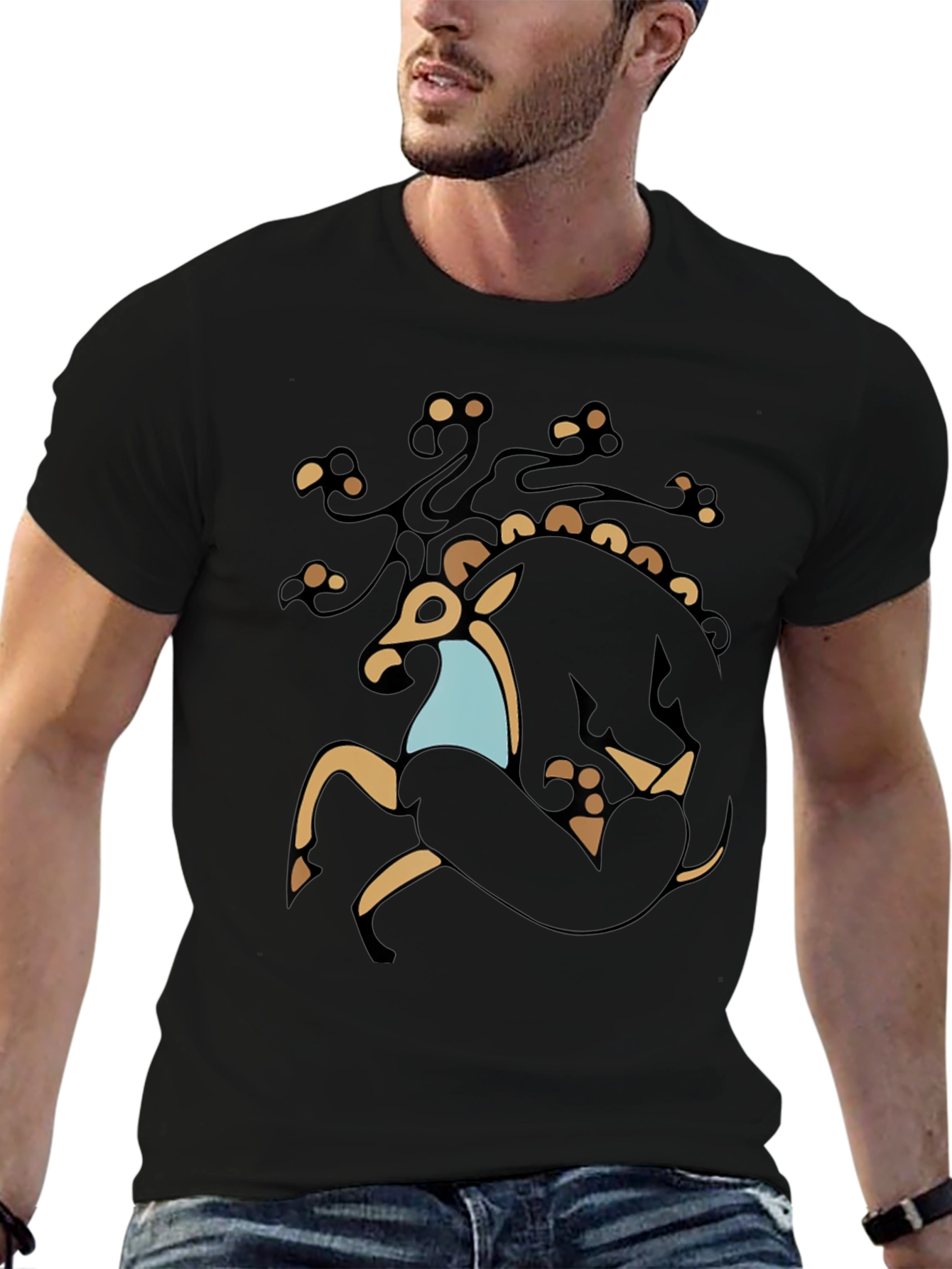 Stylized Deer Graphic Black T-Shirt