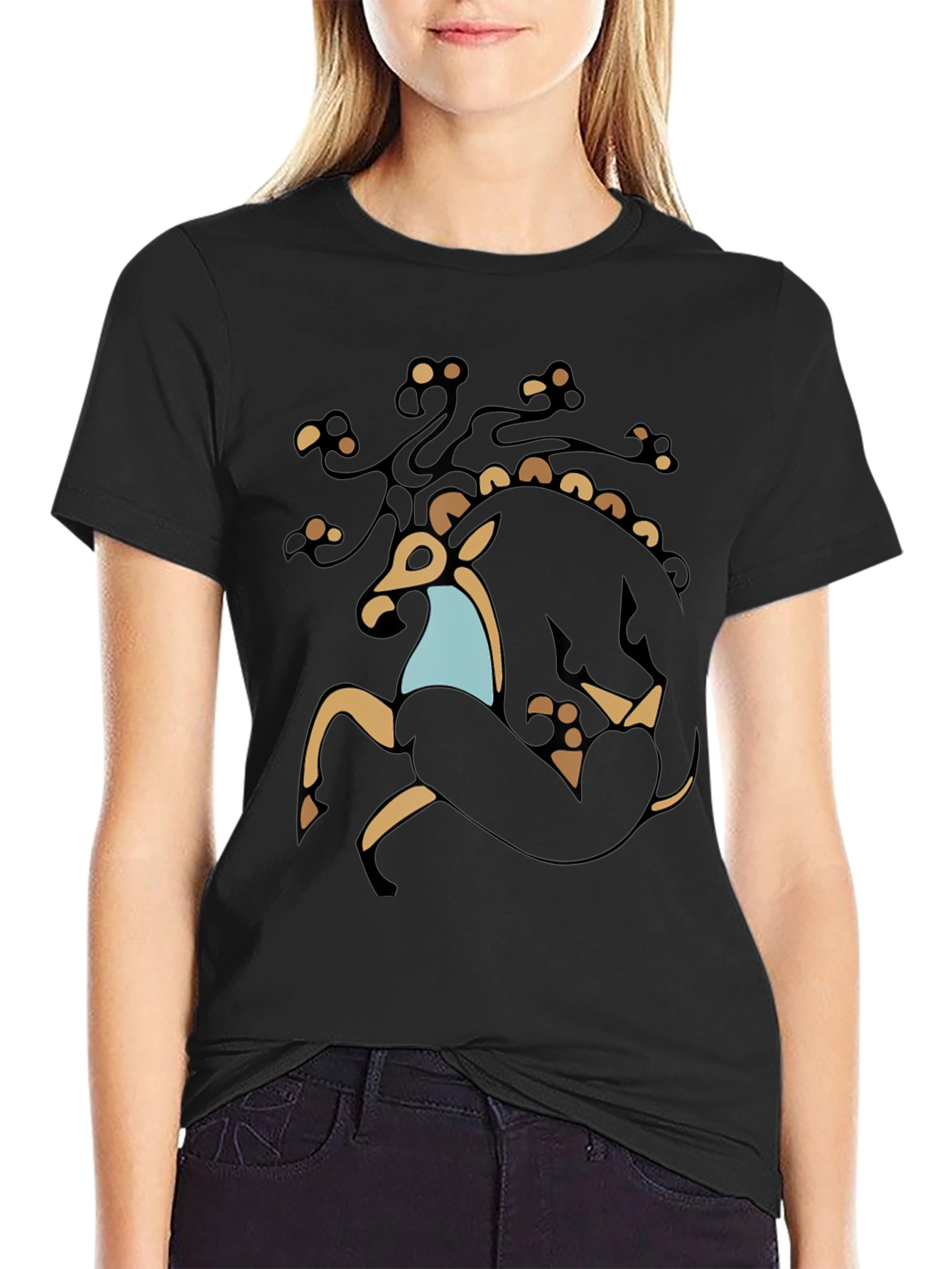 Stylized Deer Graphic Black T-Shirt