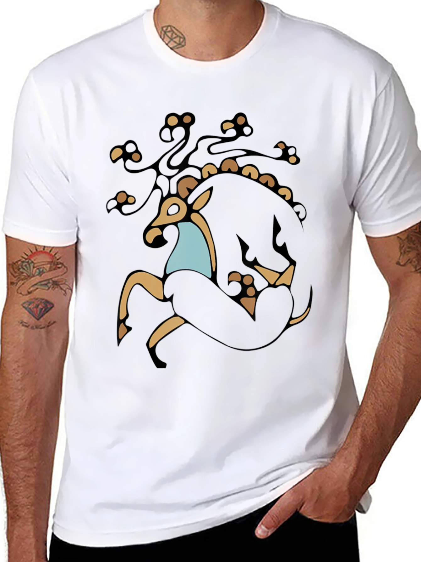 Stylized Deer Graphic Black T-Shirt