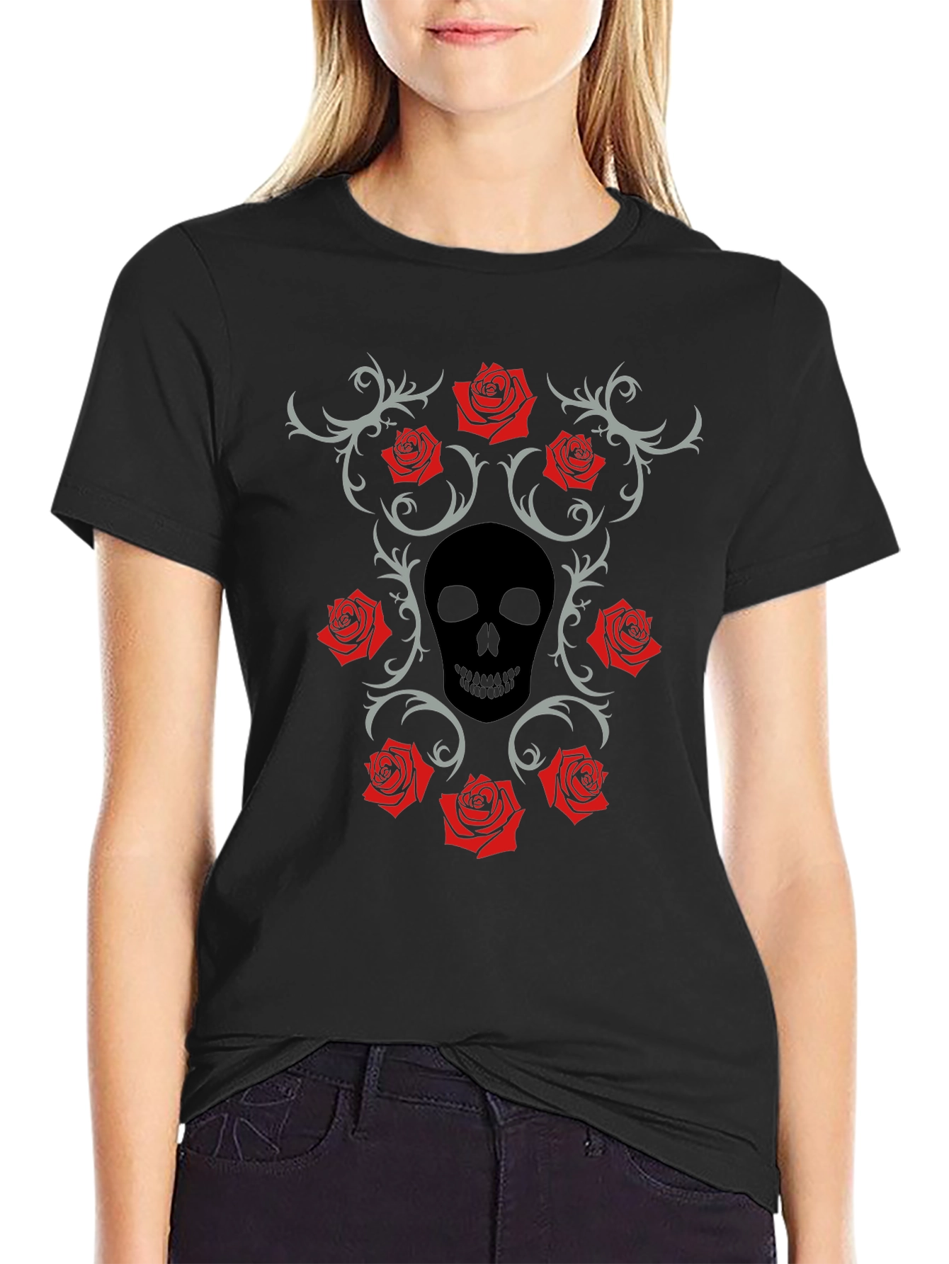 Skull & Roses Graphic Black T-Shirt