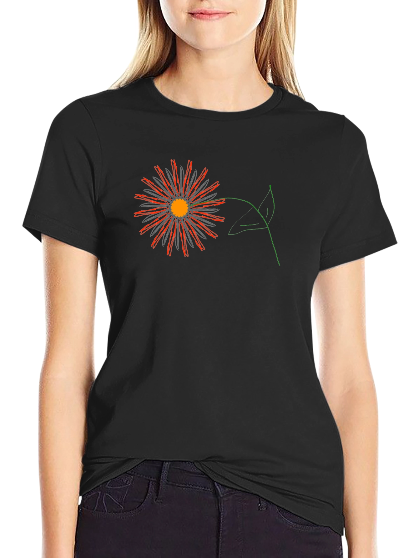 Black Tee with Graphic Flower Design