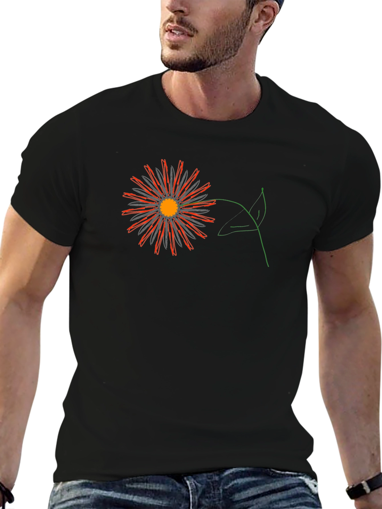 Black Tee with Graphic Flower Design