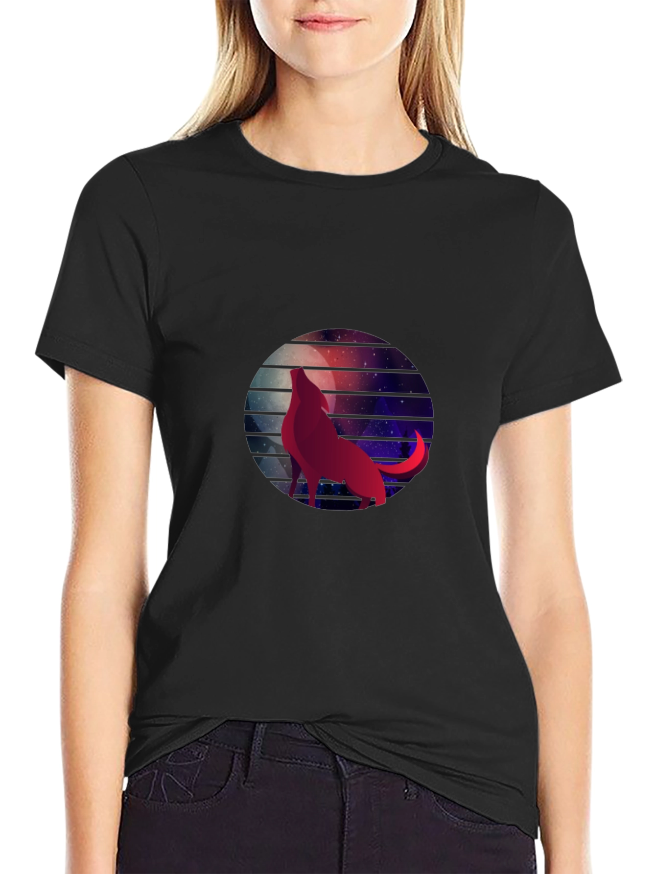 Wolf Moon Galaxy Graphic Tee - Black Cotton T-Shirt