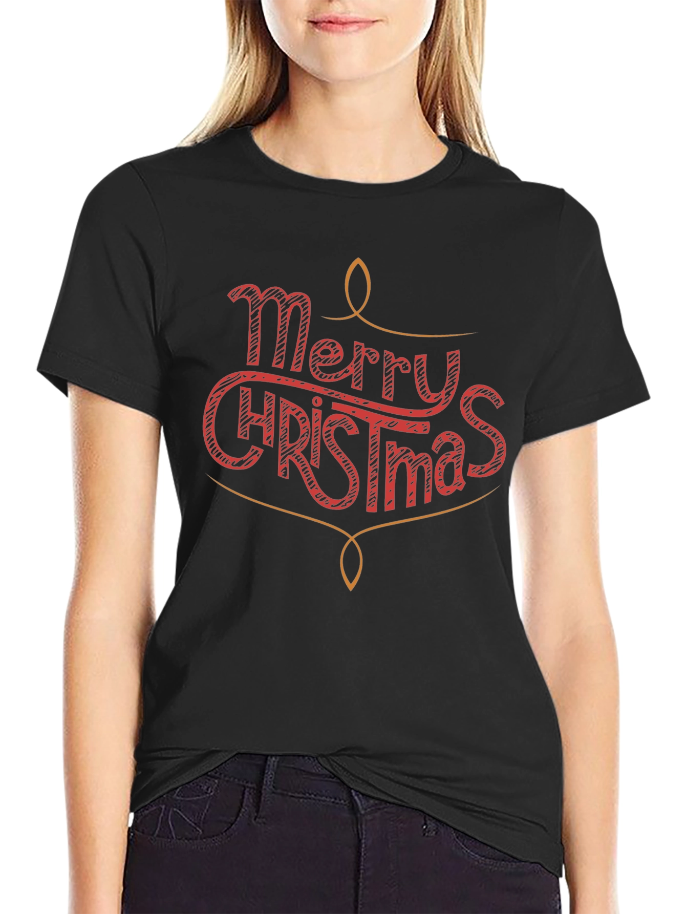 Merry Christmas Graphic Print Crew Neck T-Shirt