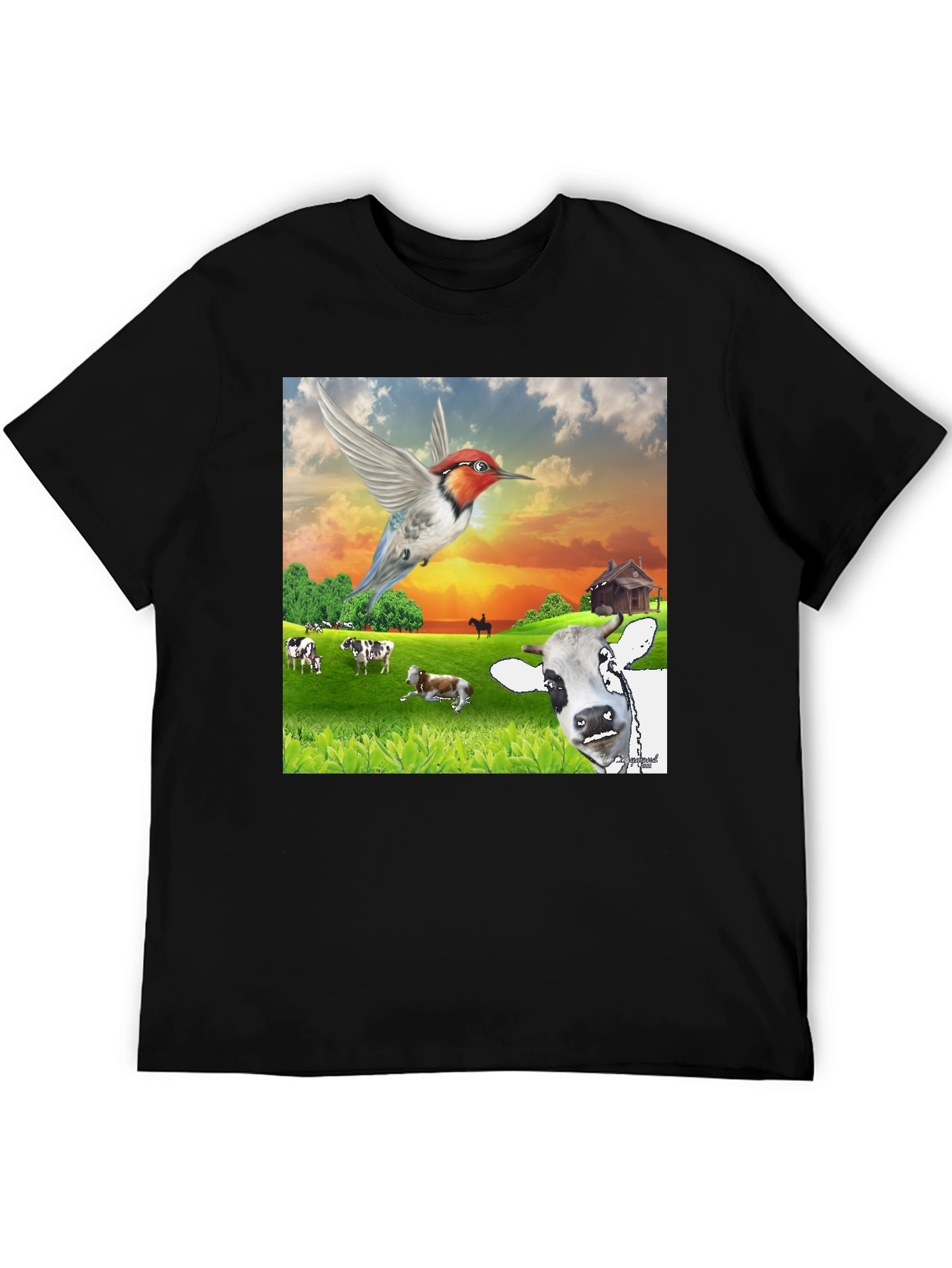 Hummingbird & Cow Farm T-Shirt - Unique Animal Design