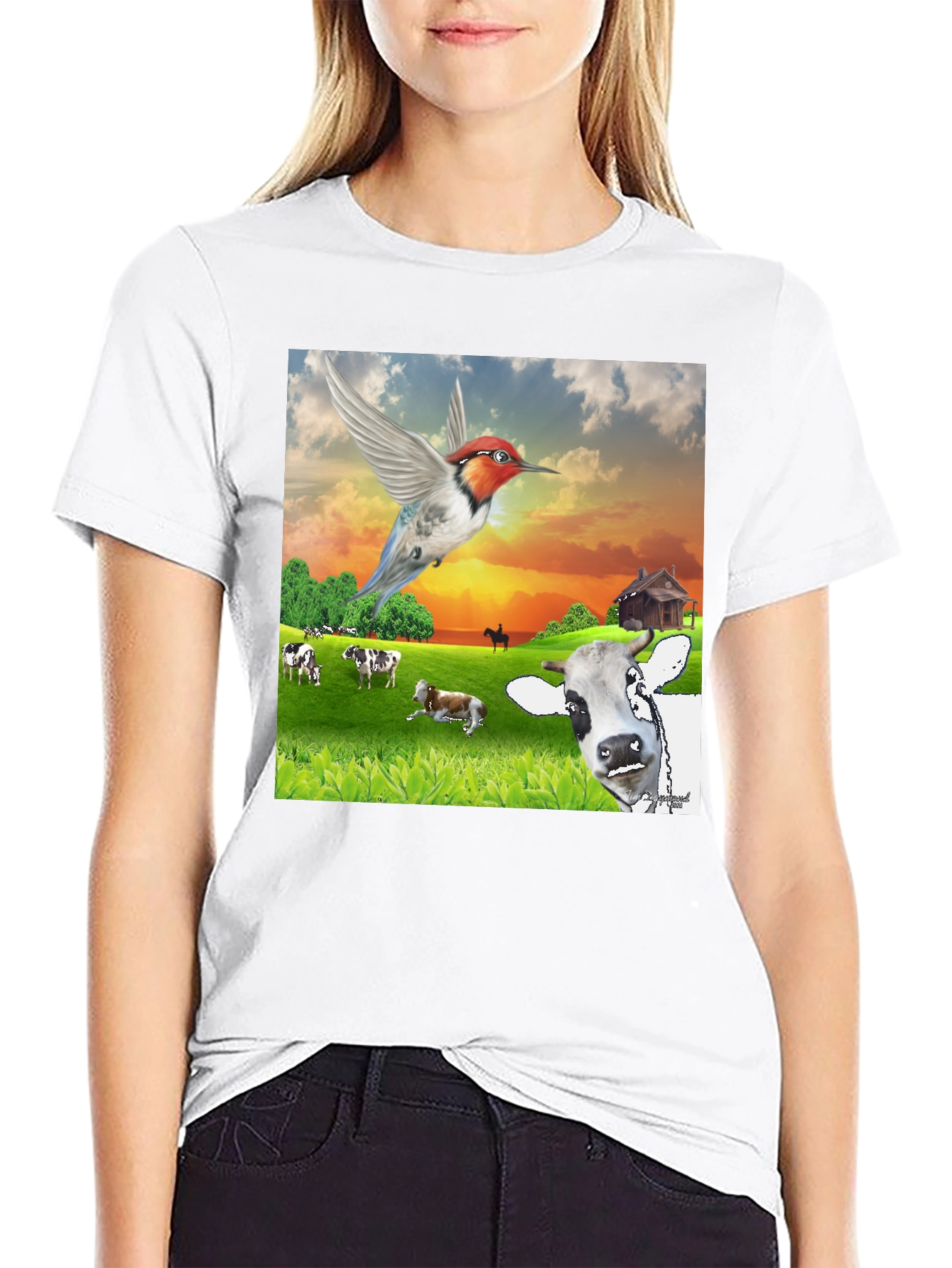 Hummingbird & Cow Farm T-Shirt - Unique Animal Design