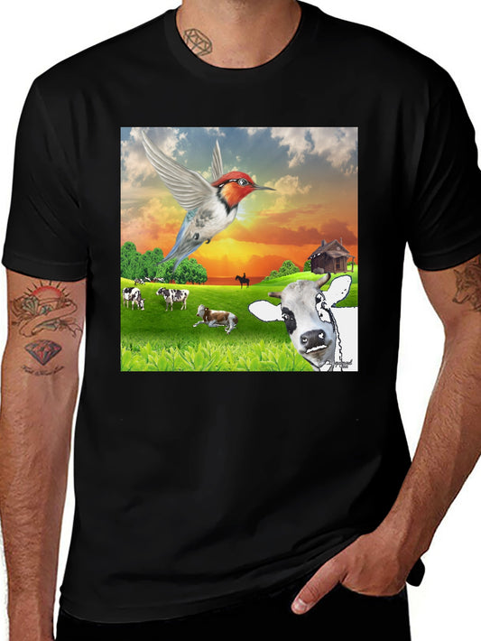 Hummingbird & Cow Farm T-Shirt - Unique Animal Design