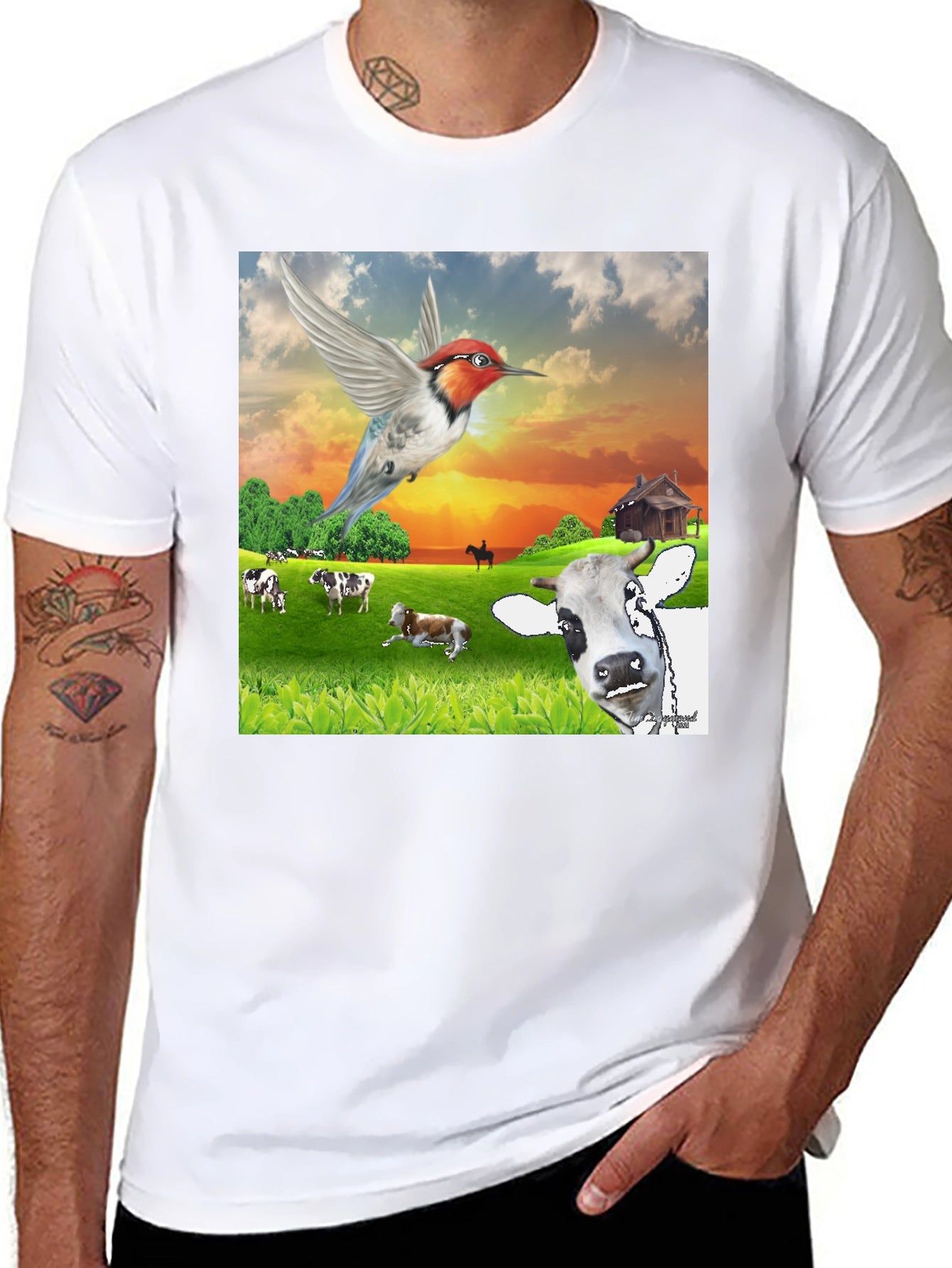 Hummingbird & Cow Farm T-Shirt - Unique Animal Design