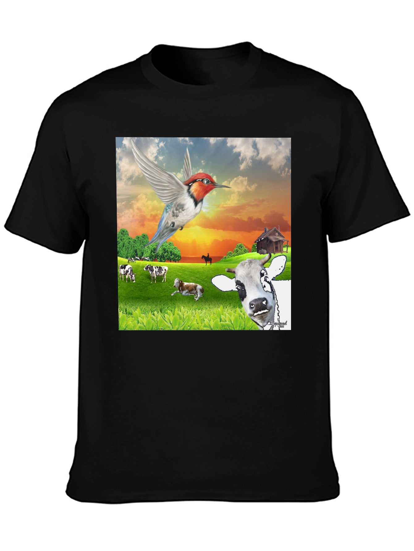 Hummingbird & Cow Farm T-Shirt - Unique Animal Design