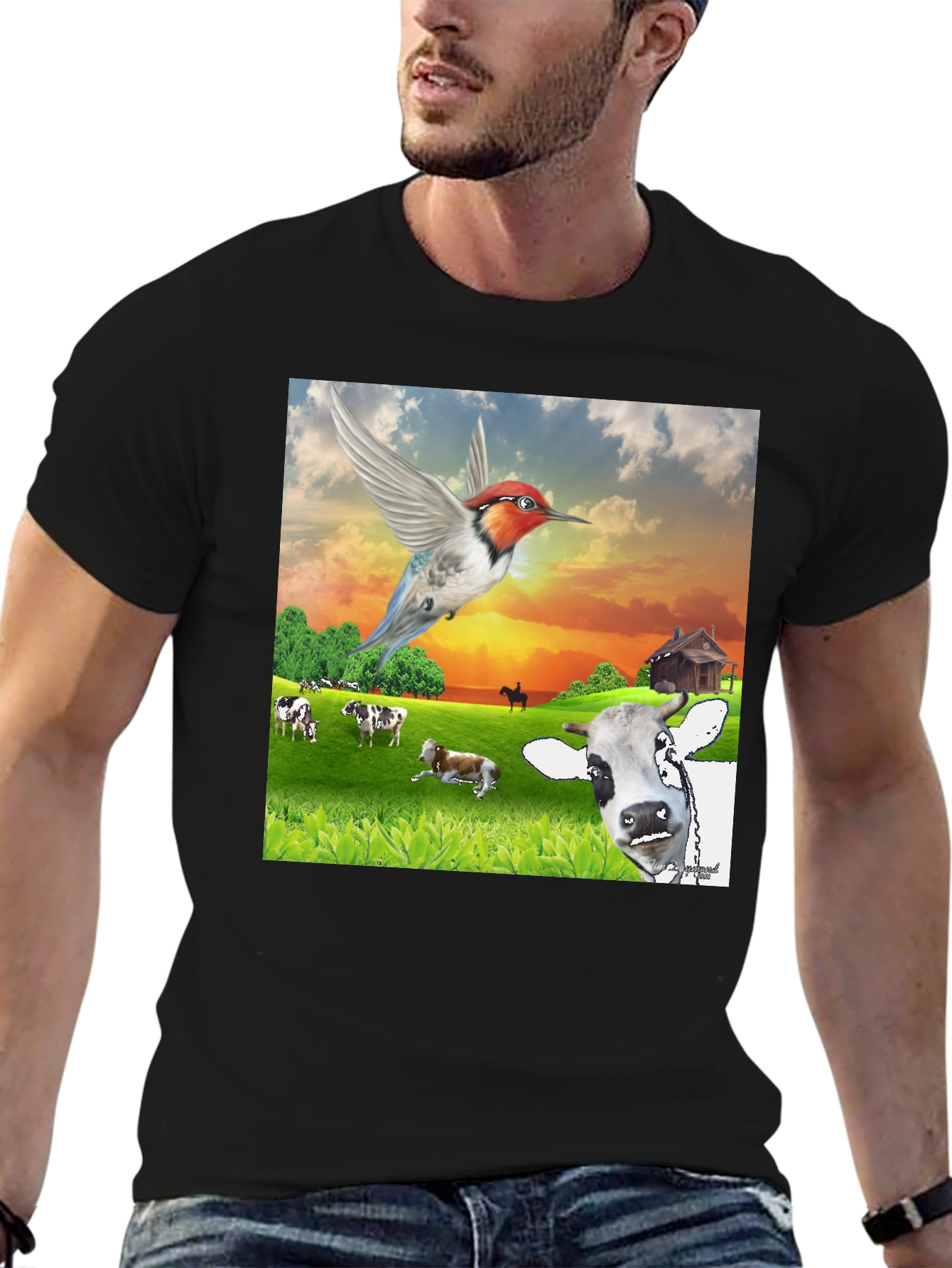 Hummingbird & Cow Farm T-Shirt - Unique Animal Design