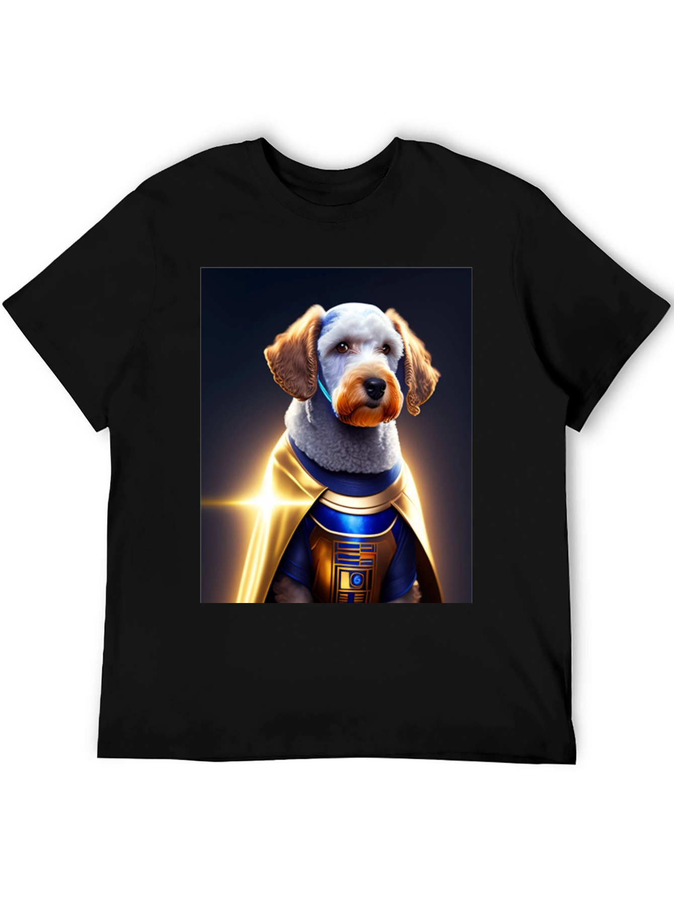 Dog Dressed as R2-D2 on Black T-Shirt