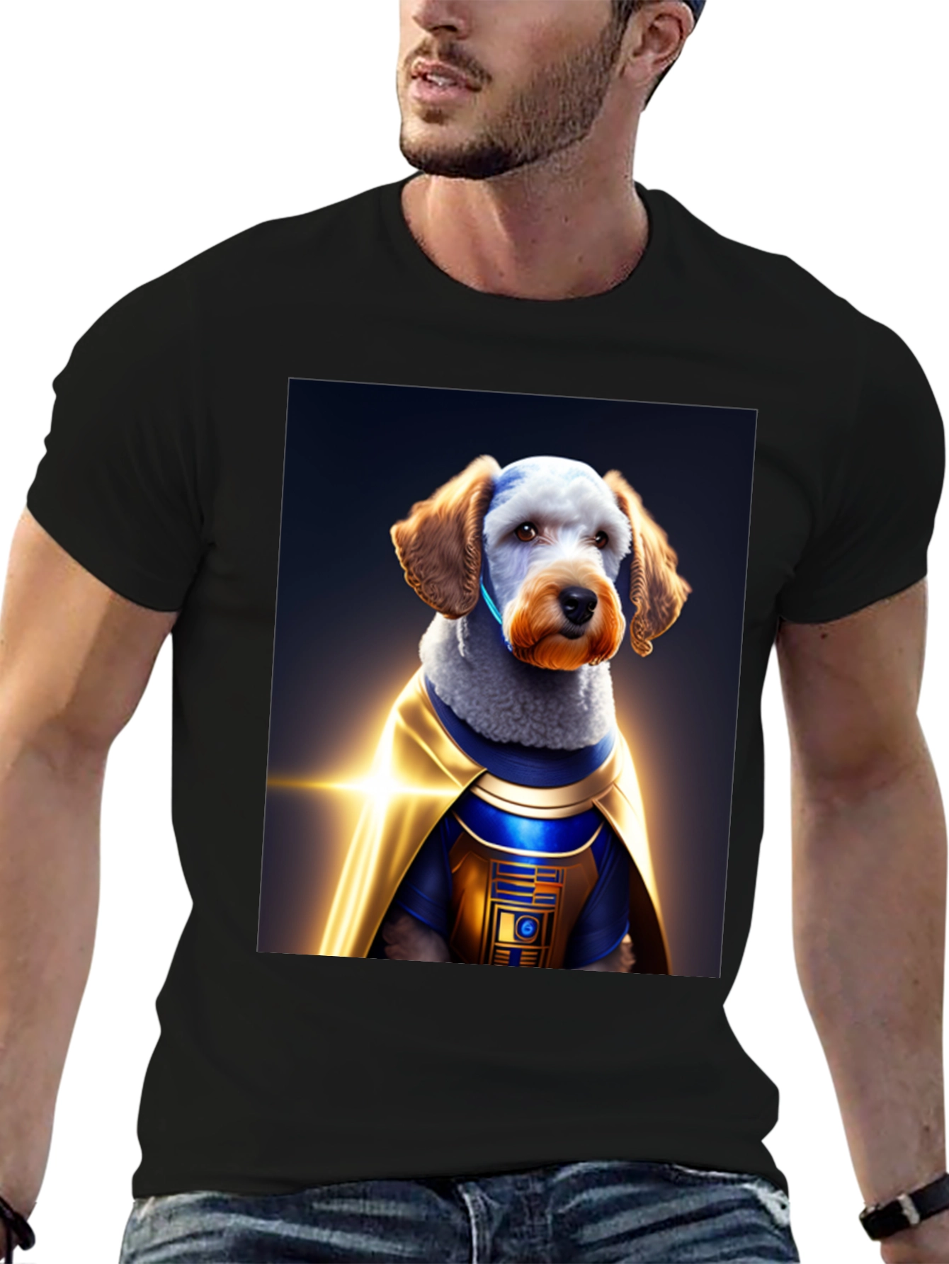 Dog Dressed as R2-D2 on Black T-Shirt