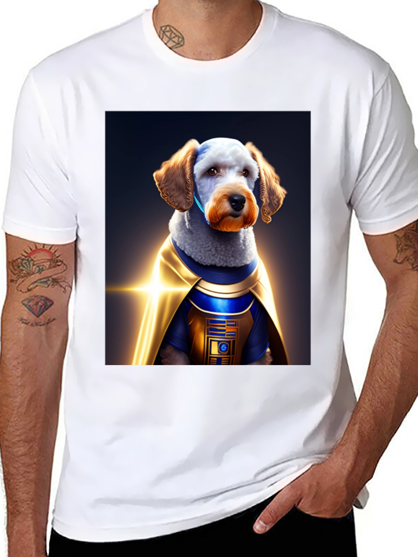 Dog Dressed as R2-D2 on Black T-Shirt