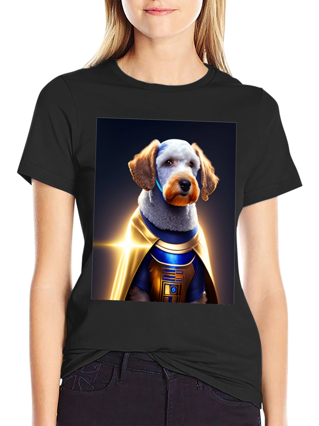 Dog Dressed as R2-D2 on Black T-Shirt