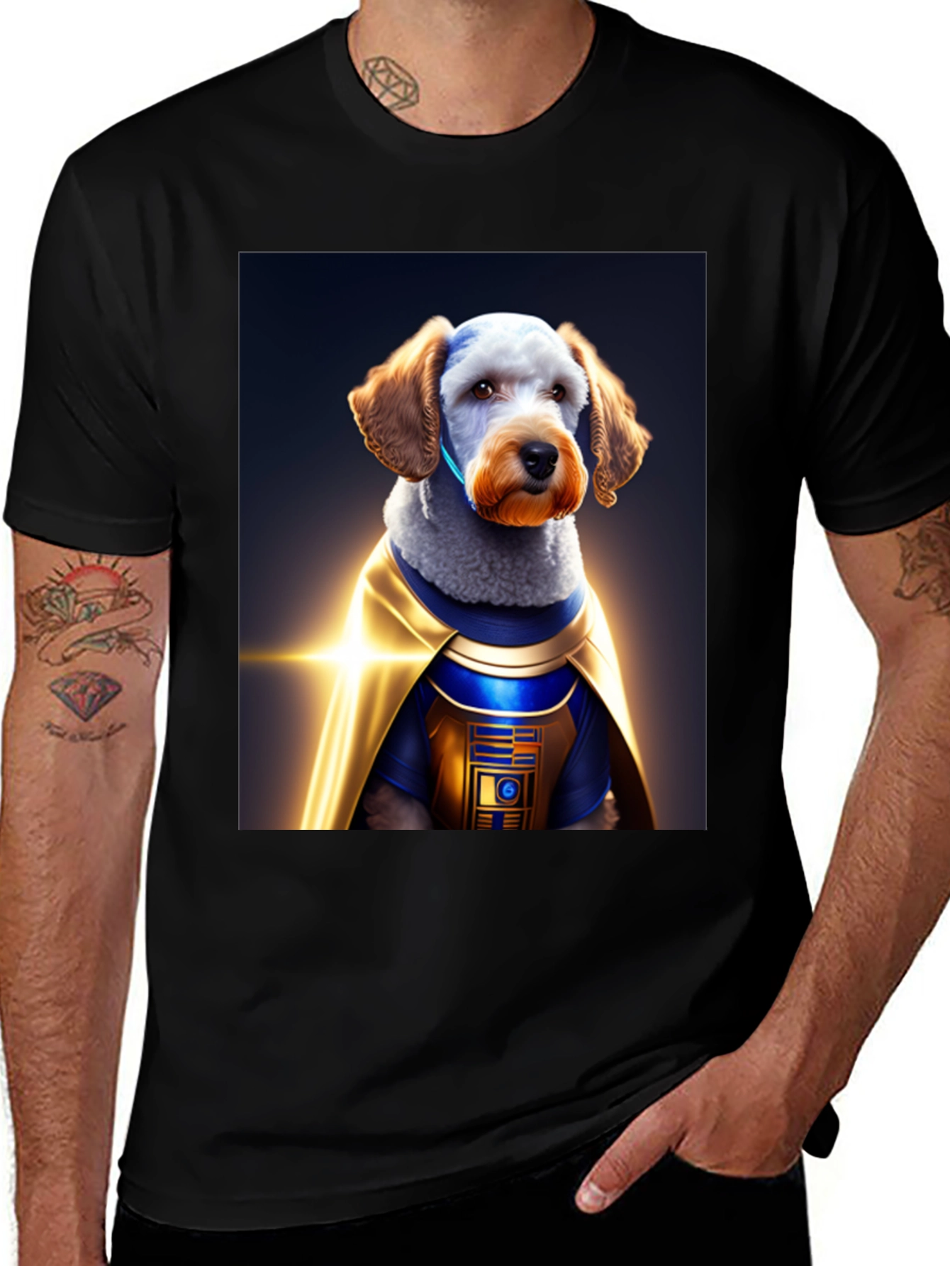 Dog Dressed as R2-D2 on Black T-Shirt