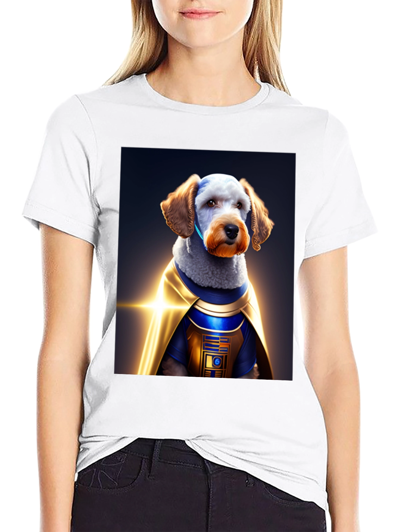 Dog Dressed as R2-D2 on Black T-Shirt