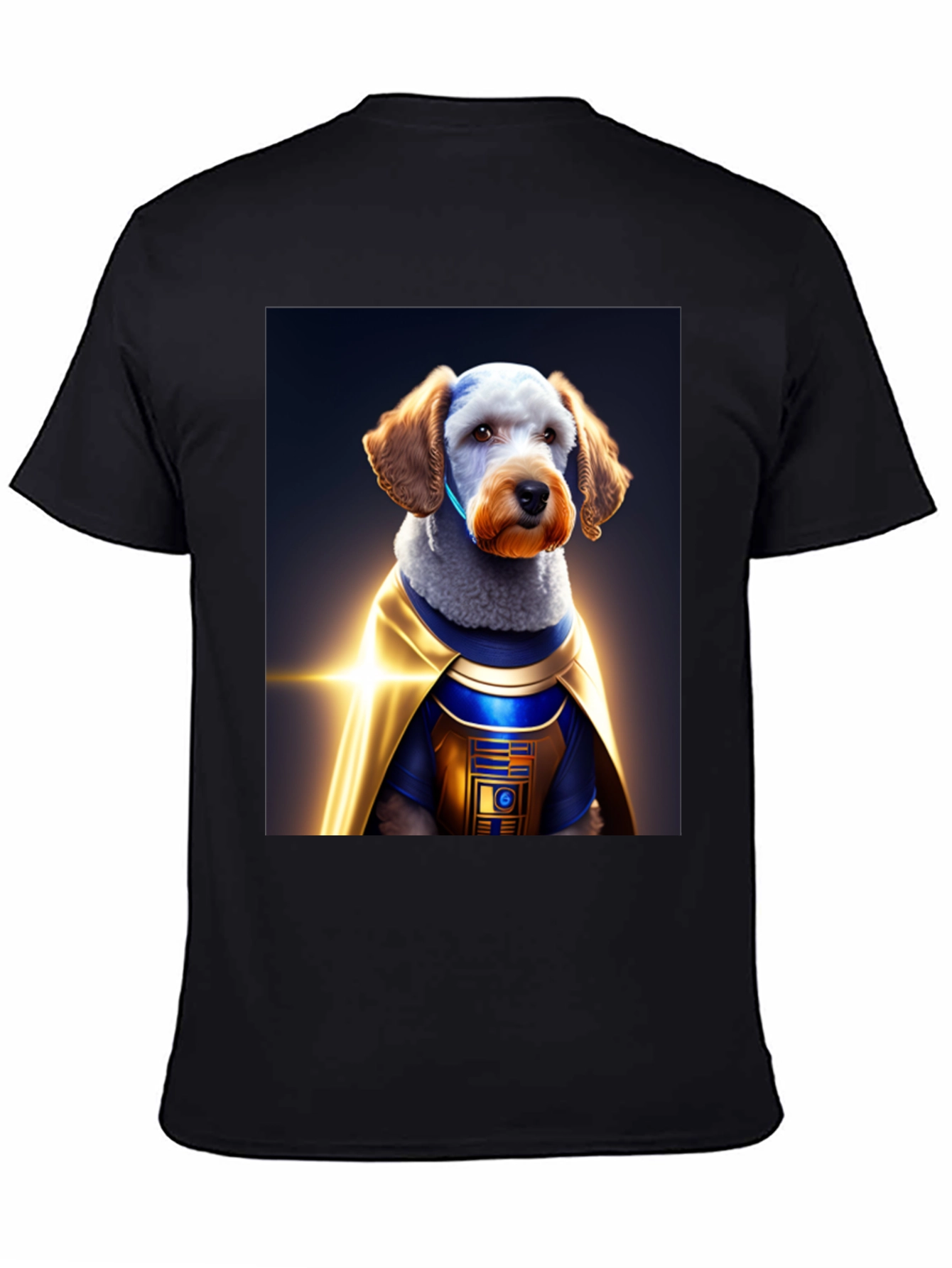 Dog Dressed as R2-D2 on Black T-Shirt