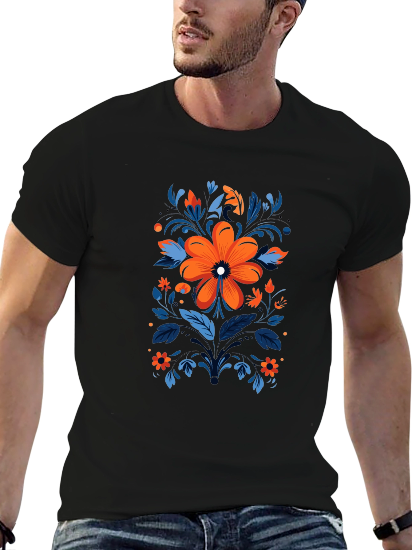 Floral Design Black T-Shirt