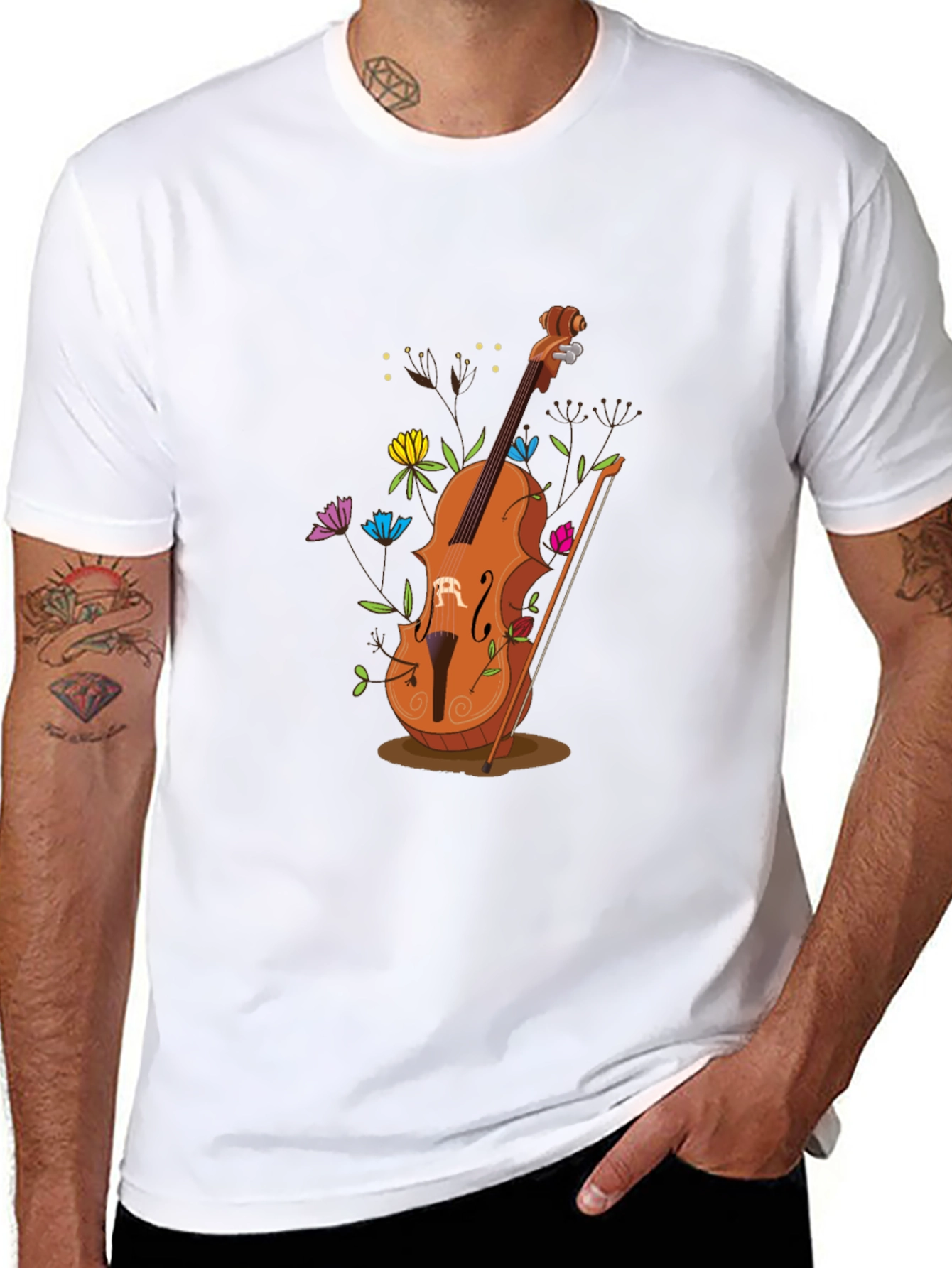 Artistic Cello Graphic Tee - Black Cotton Casual Shirt