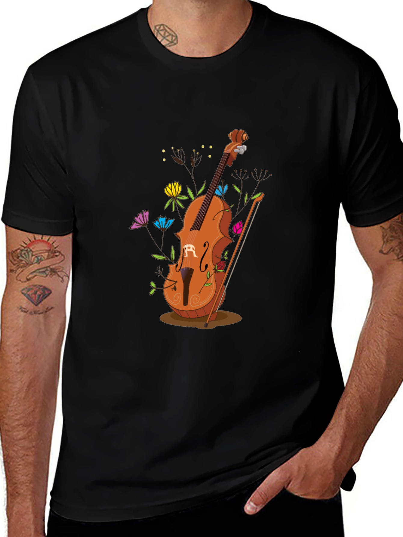 Artistic Cello Graphic Tee - Black Cotton Casual Shirt