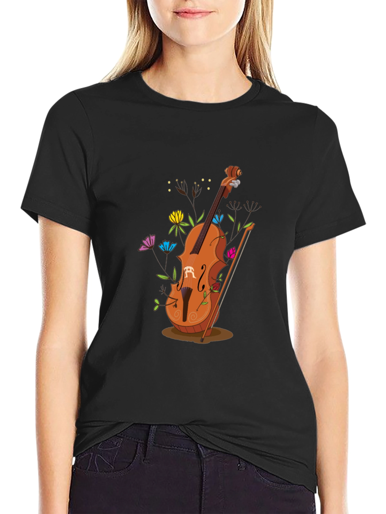 Artistic Cello Graphic Tee - Black Cotton Casual Shirt