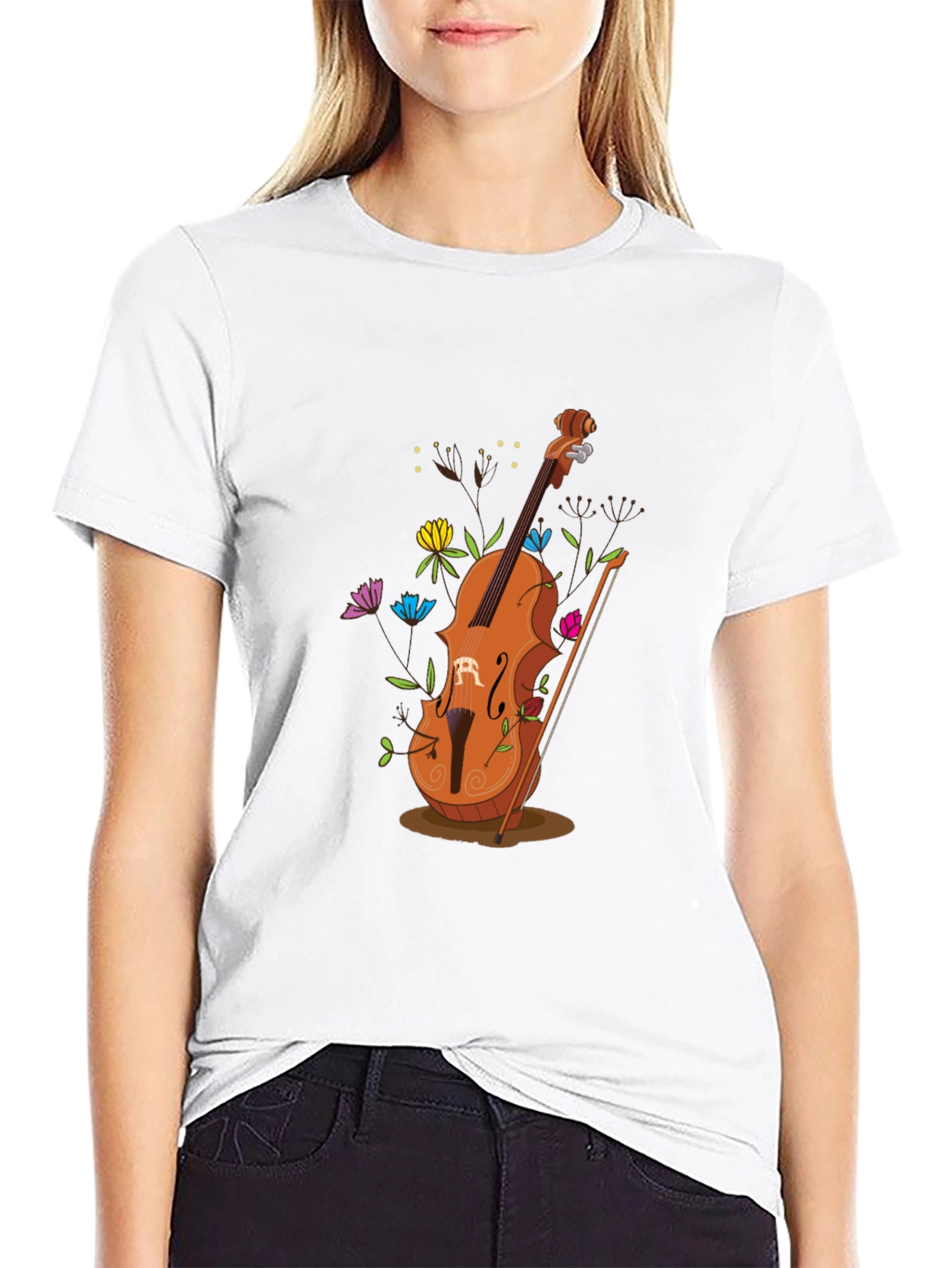 Artistic Cello Graphic Tee - Black Cotton Casual Shirt