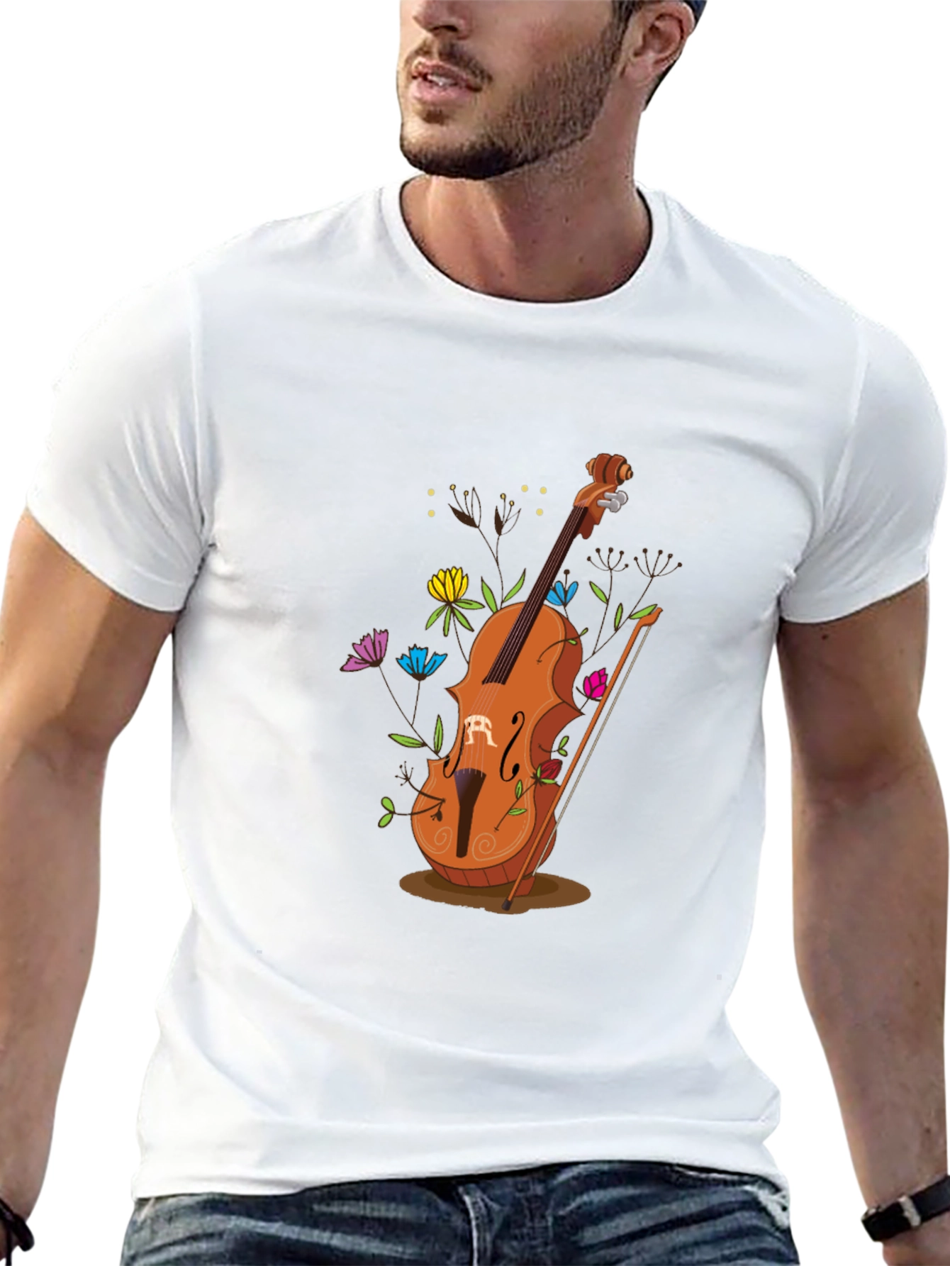 Artistic Cello Graphic Tee - Black Cotton Casual Shirt