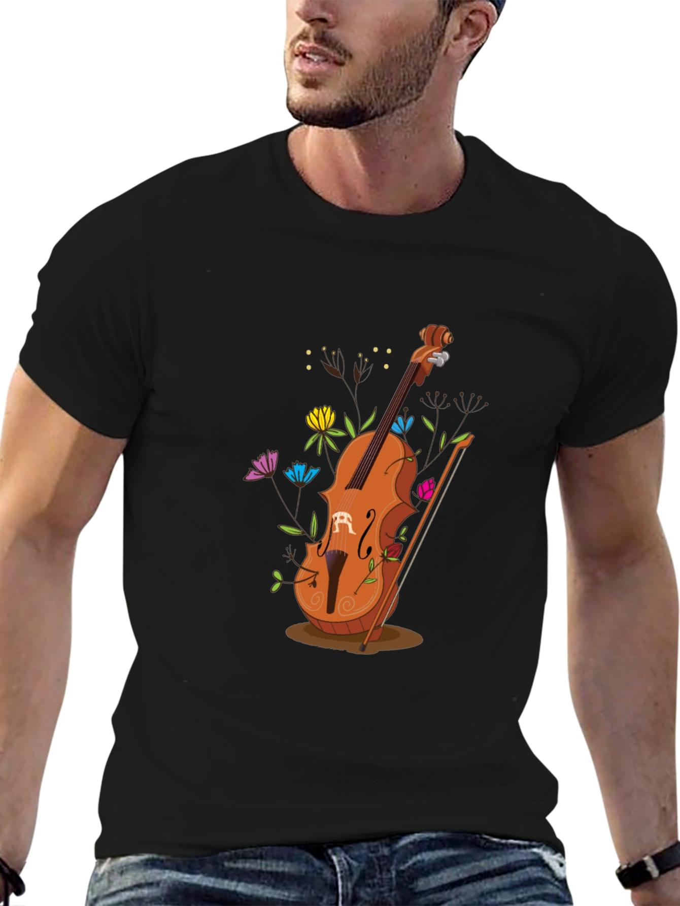 Artistic Cello Graphic Tee - Black Cotton Casual Shirt