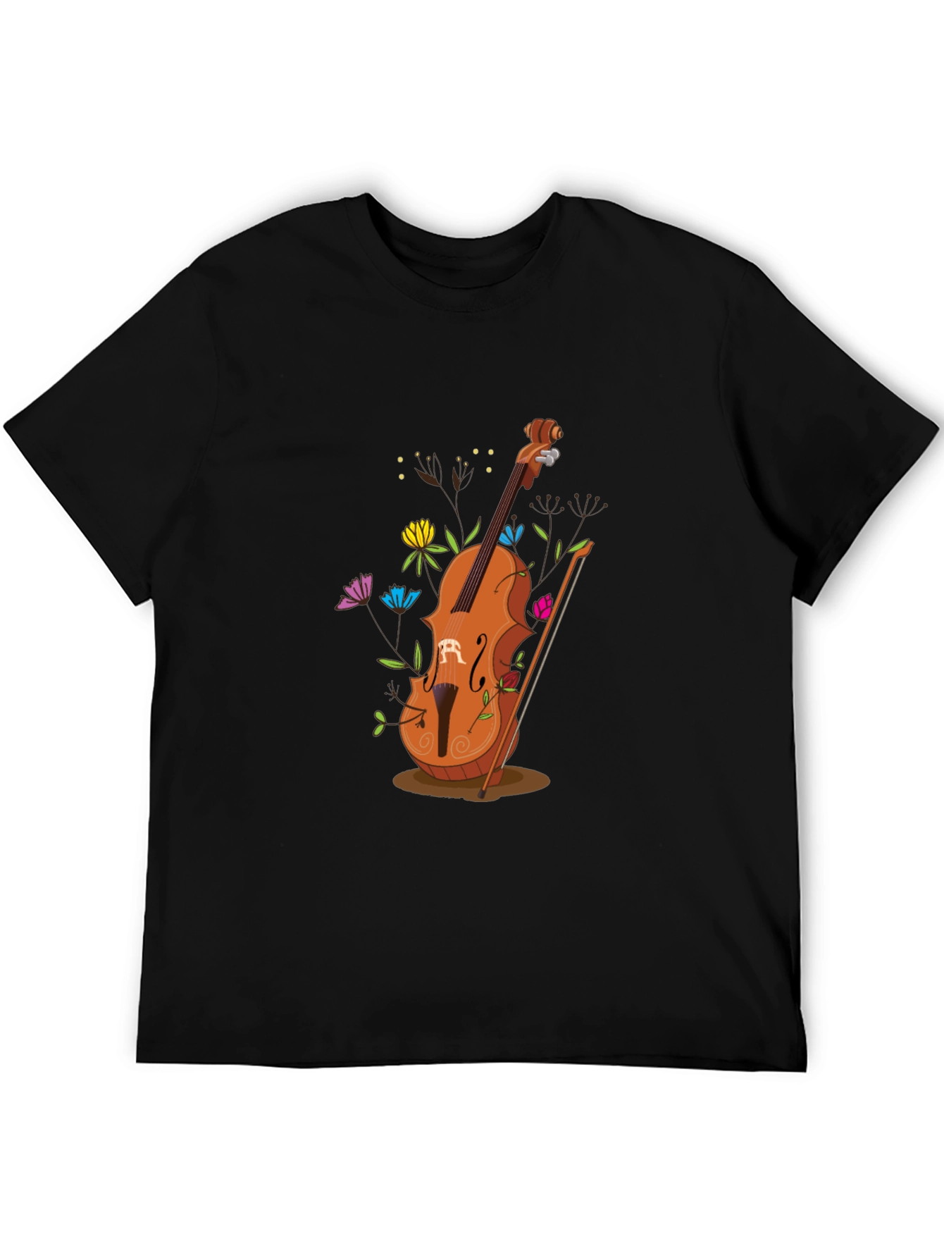 Artistic Cello Graphic Tee - Black Cotton Casual Shirt