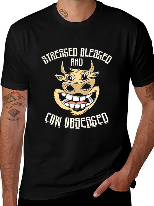 Stressed Blessed Cow Obsessed Black T-Shirt