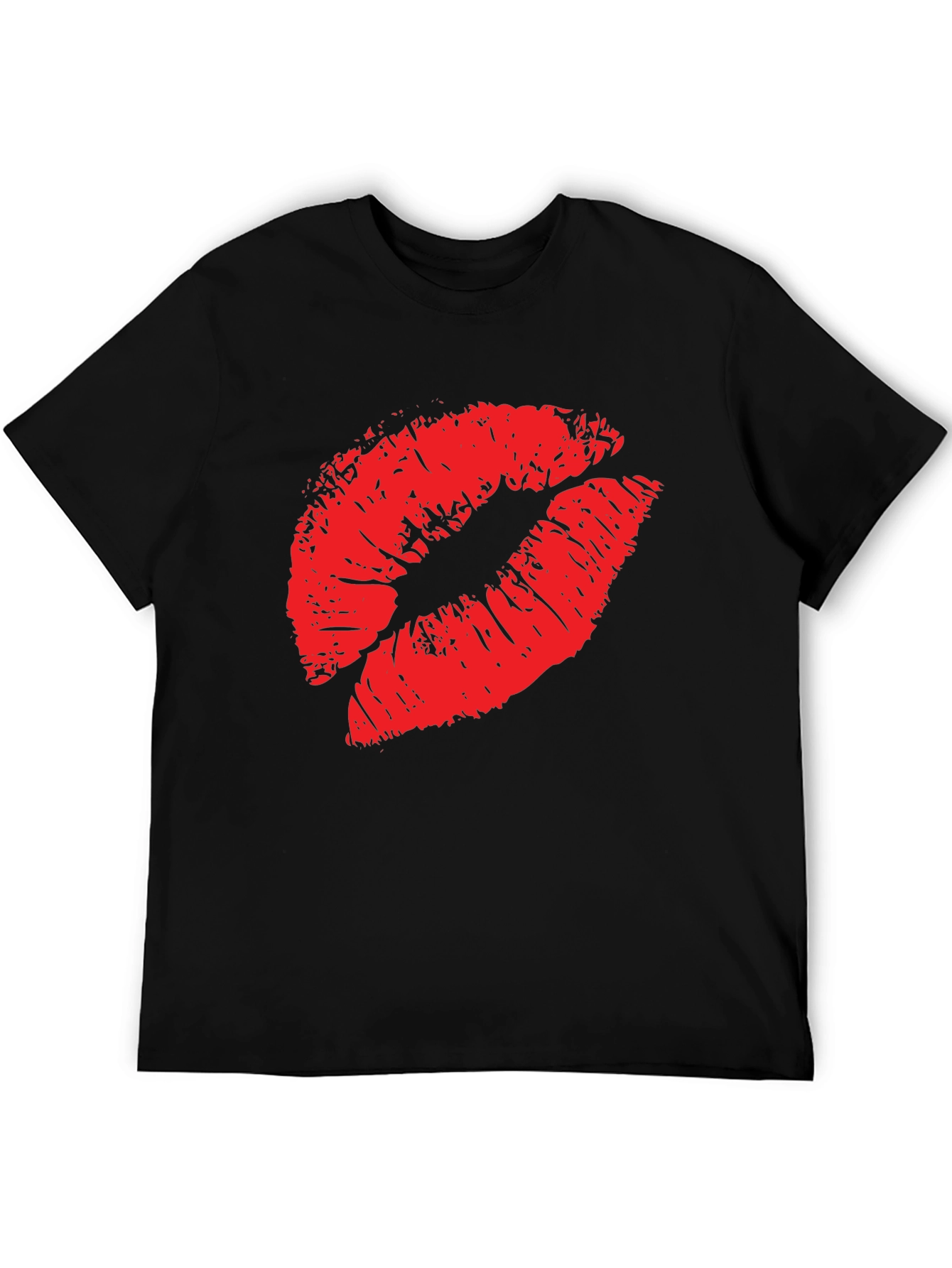 Red Lips Print Black T-Shirt