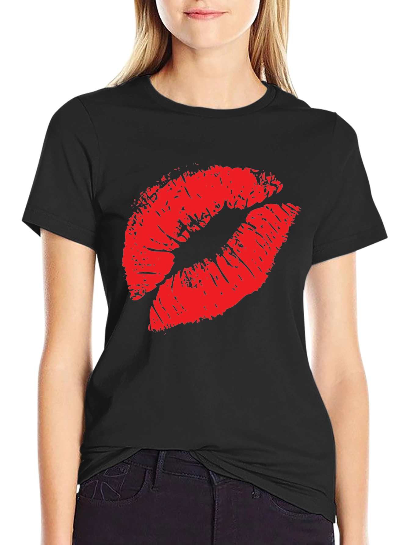Red Lips Print Black T-Shirt