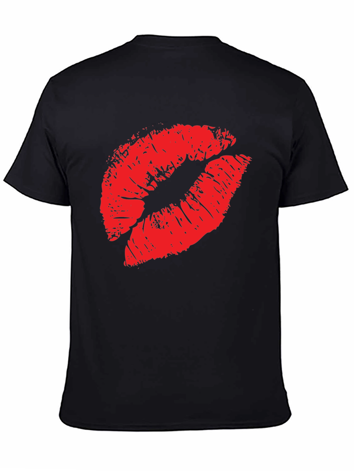 Red Lips Print Black T-Shirt