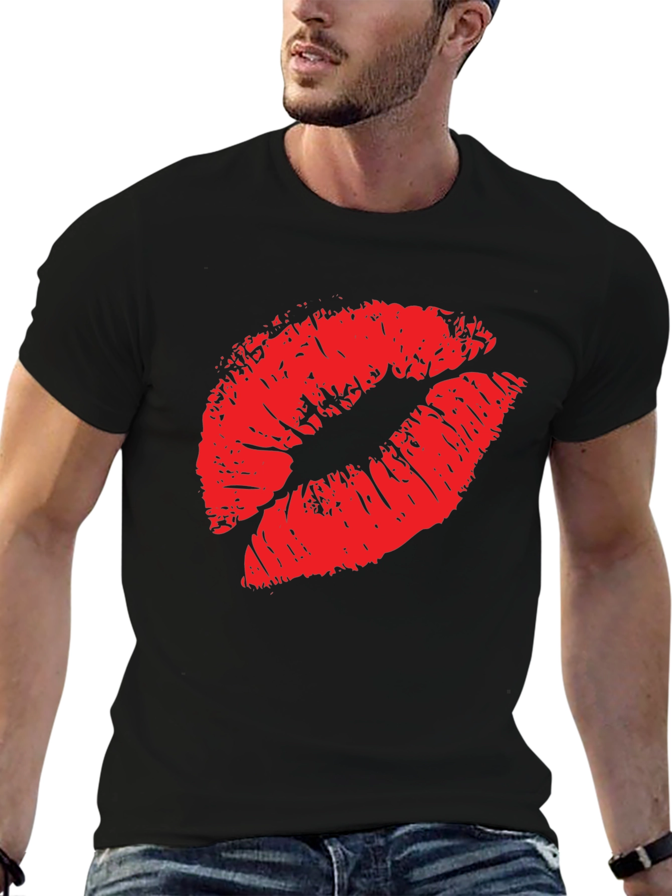 Red Lips Print Black T-Shirt