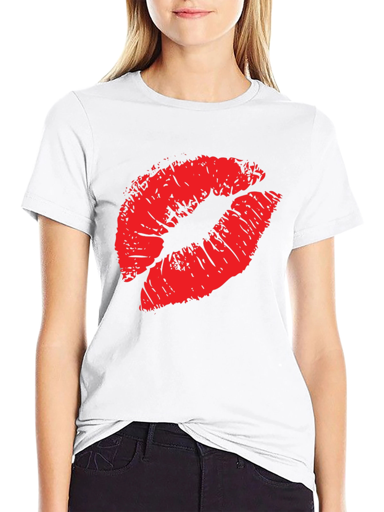 Red Lips Print Black T-Shirt