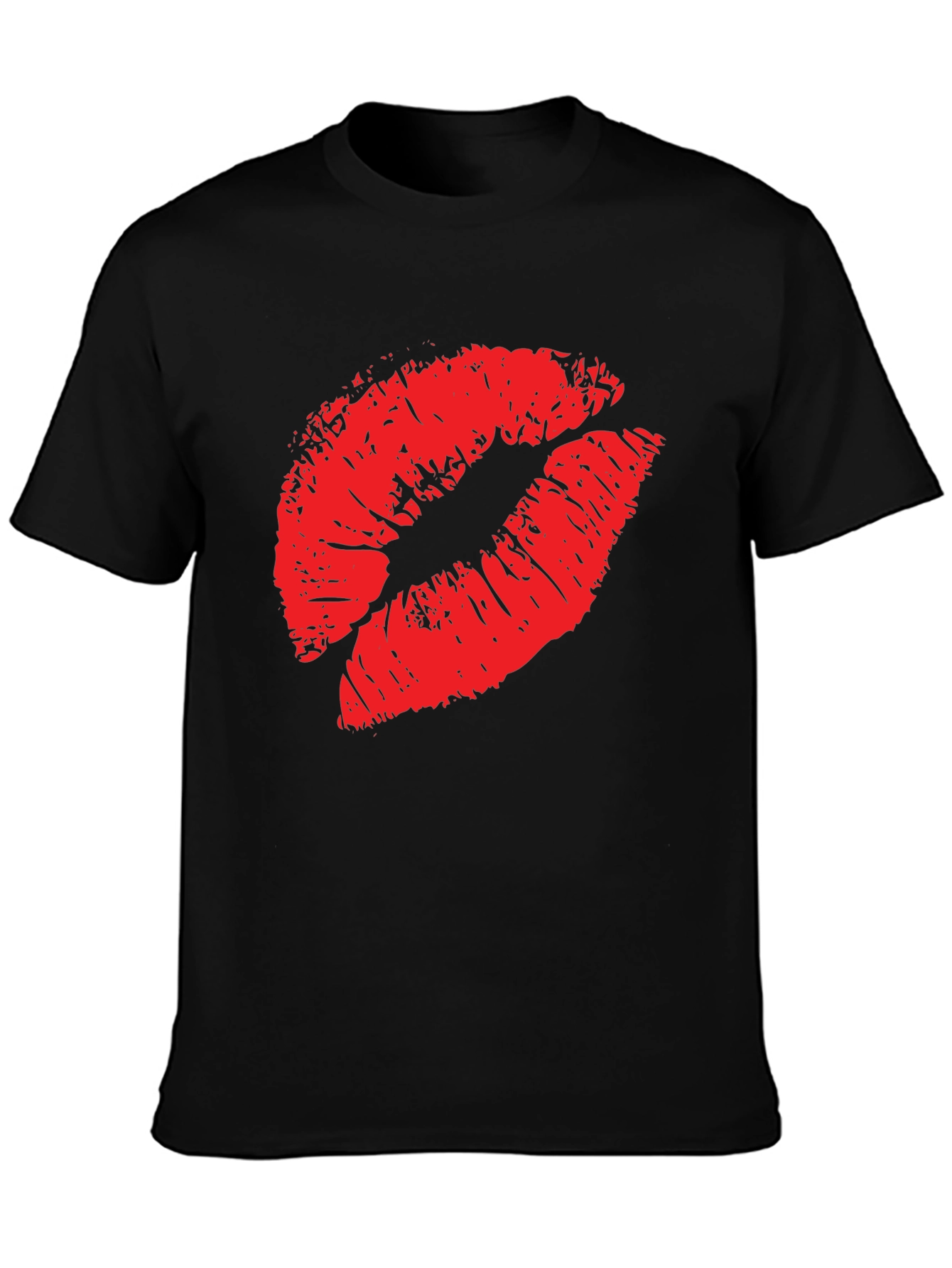 Red Lips Print Black T-Shirt